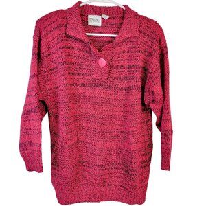 Vintage 80s Colorful Sweater Women Small Pink Knit Collar Shirt Top 4 6 S Spring